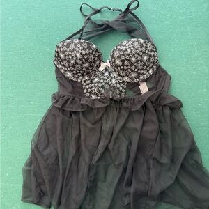 Victoria's Secret Black Sheer Lingerie with White Floral Design